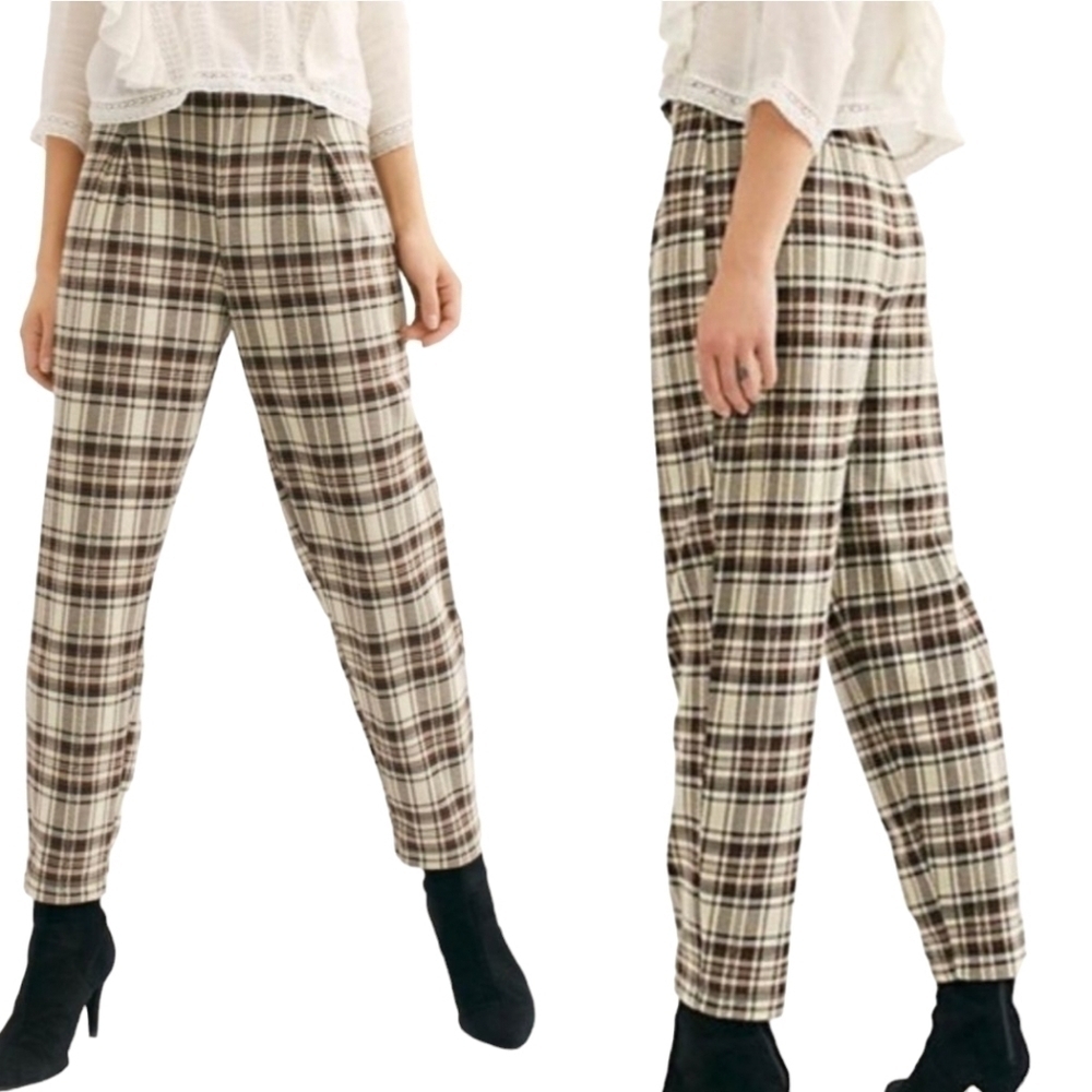 Free People | Women's Brecan Brown Plaid High Waisted Trouser Pants (Size Small)